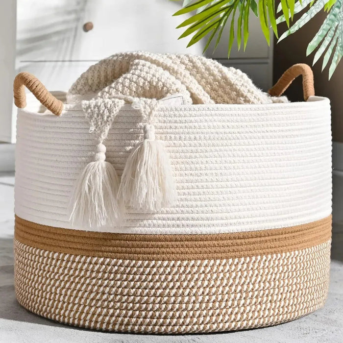Boho Round Rope Basket with Jute Handles and Tassels