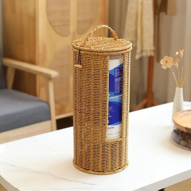 Cylindrical Rattan Toilet Paper Basket with Lid — Dulune