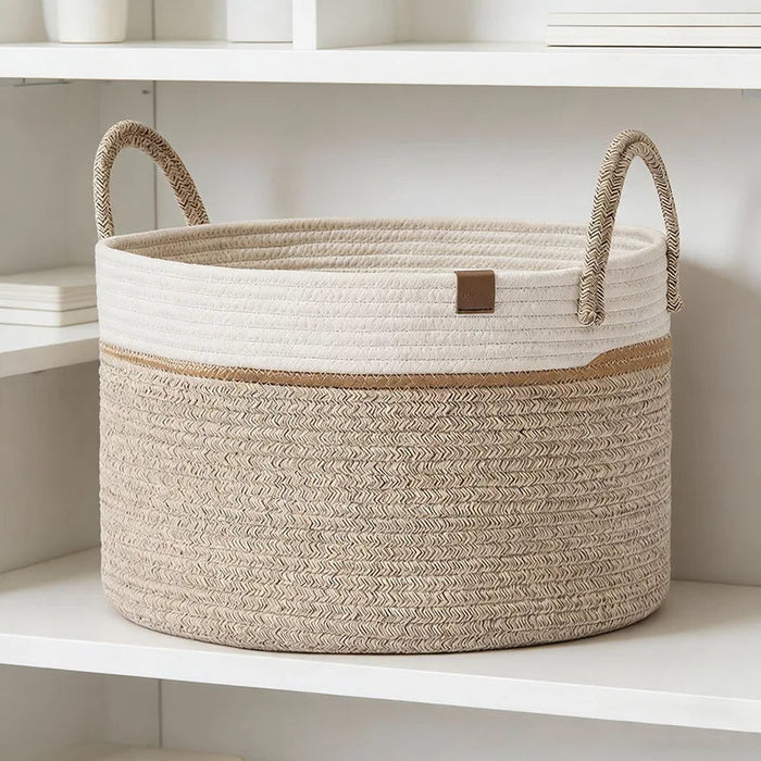 Extra Large Rope Storage Basket with Faux Leather Handles