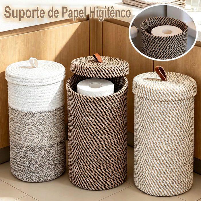 Lidded Rope Toilet Paper Holder for 3 Rolls