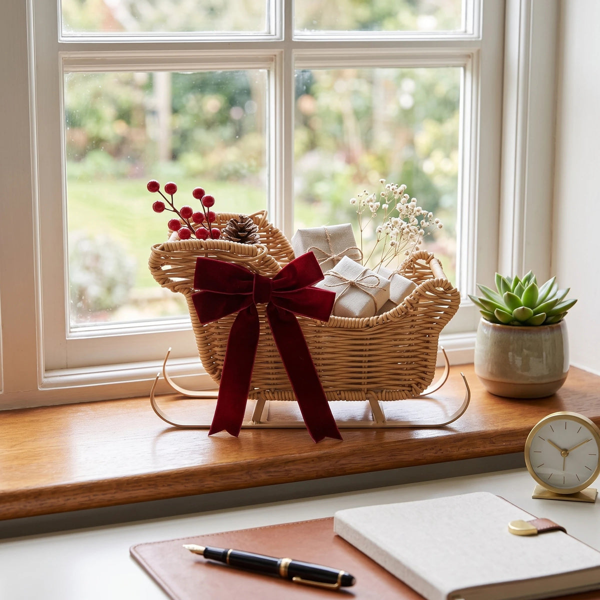 Rattan Christmas Sleigh Basket with Velvet Bow — Dulune