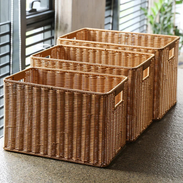 Rectangular Faux Rattan Basket with Cutout Handles