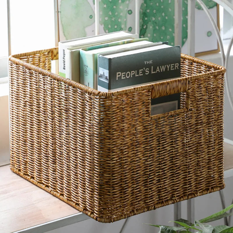 Rectangular Faux Rattan Basket with Cutout Handles — Dulune