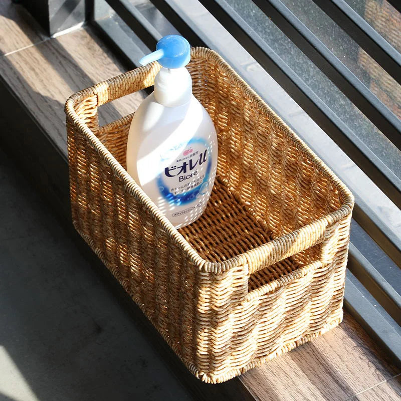 Rectangular Faux Rattan Basket with Cutout Handles — Dulune
