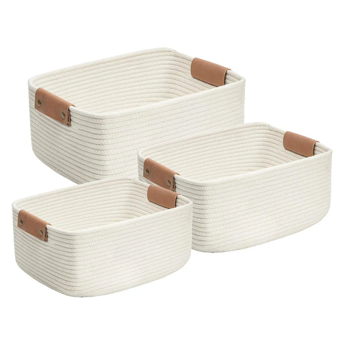White Rectangular Rope Basket with Faux Leather Handles