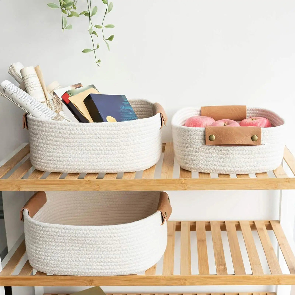 White Rectangular Rope Basket with Faux Leather Handles — Dulune