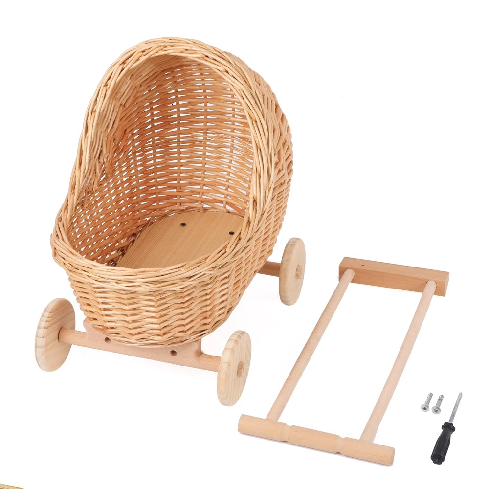Wicker Doll Pram with Wooden Wheels — Dulune
