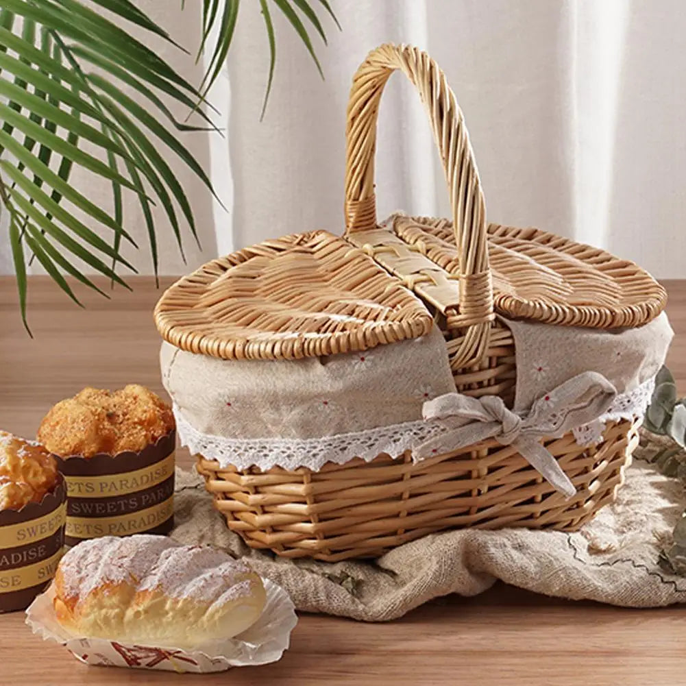 Wicker Picnic Basket with Double Lid and Liner — Dulune