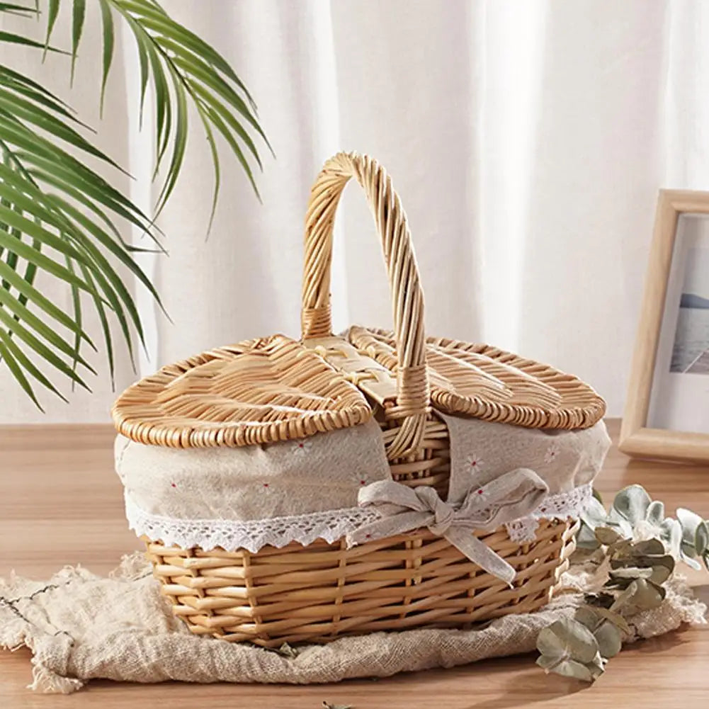 Wicker Picnic Basket with Double Lid and Liner — Dulune