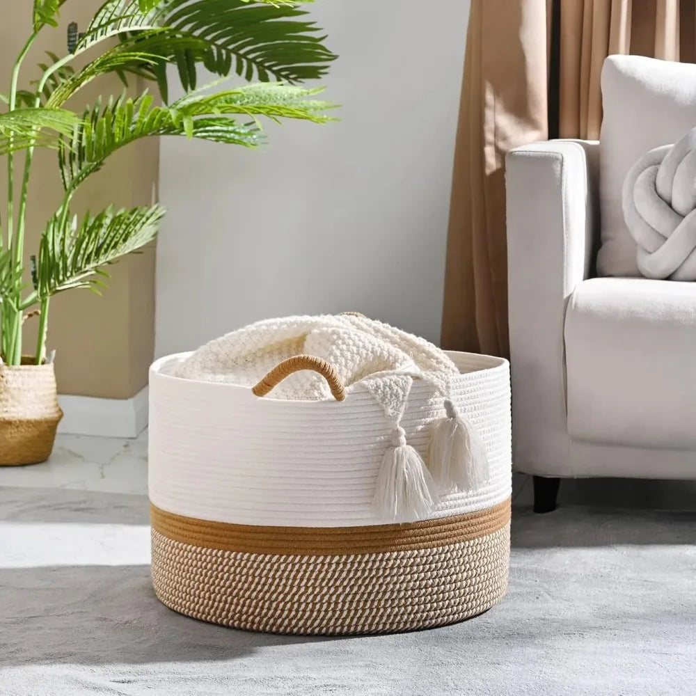 Boho Round Rope Basket with Jute Handles and Tassels — Dulune