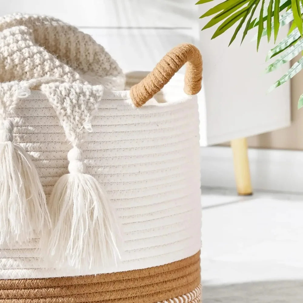 Boho Round Rope Basket with Jute Handles and Tassels — Dulune
