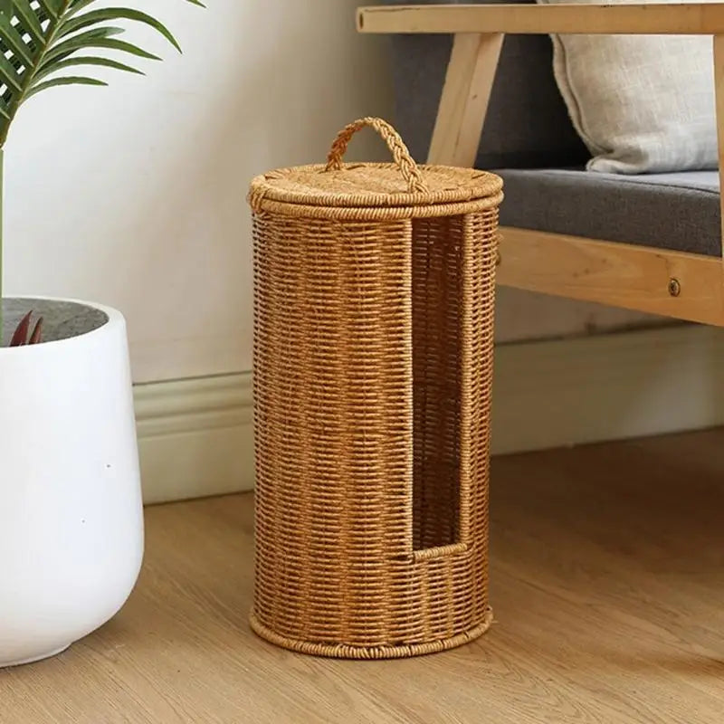Cylindrical Rattan Toilet Paper Basket with Lid — Dulune