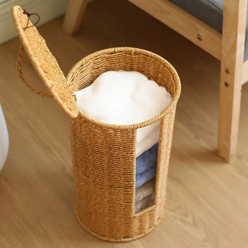 Cylindrical Rattan Toilet Paper Basket with Lid — Dulune