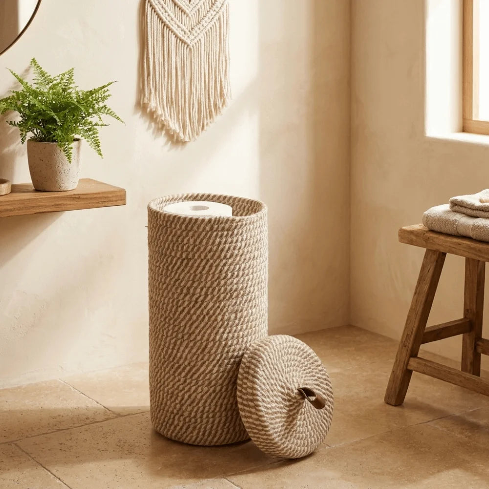 Cylindrical Rope Toilet Paper Basket with Lid — Dulune