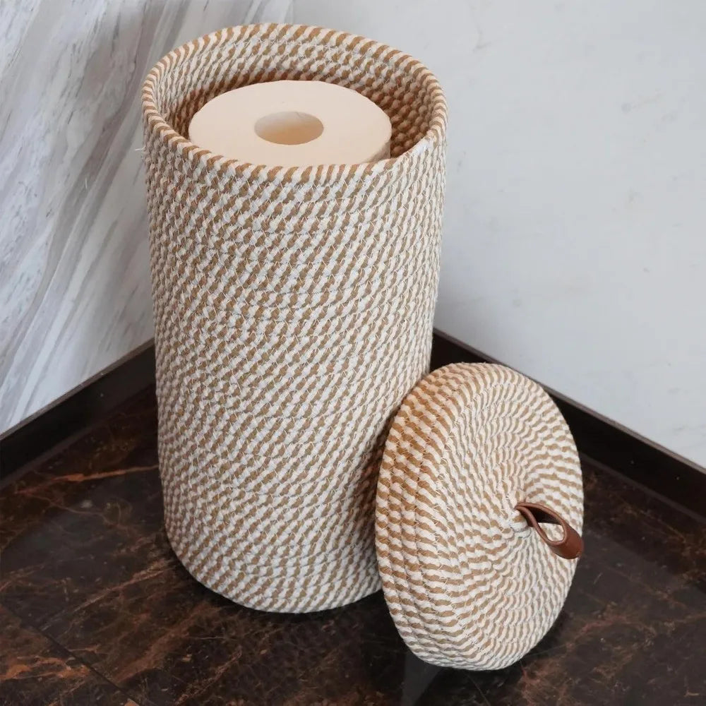 Cylindrical Rope Toilet Paper Basket with Lid — Dulune