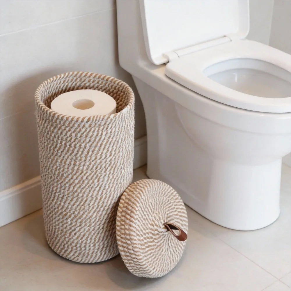 Cylindrical Rope Toilet Paper Basket with Lid — Dulune