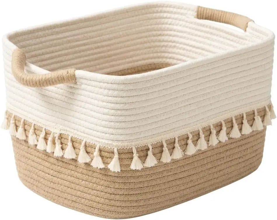 Decorative Boho Rope Basket with Macrame Fringe — Dulune