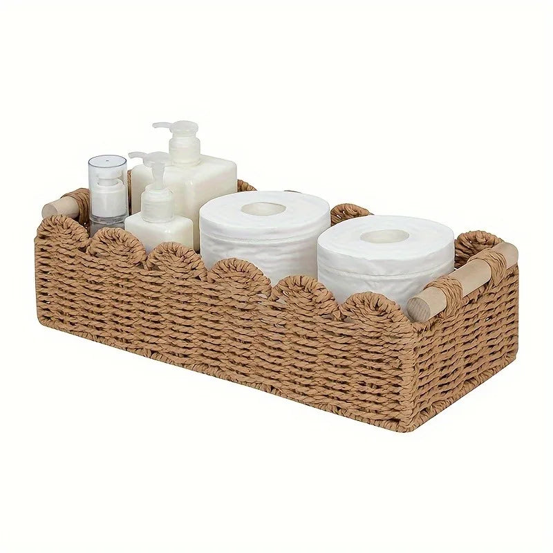 Decorative Scalloped Rope Basket with Wooden Handles — Dulune