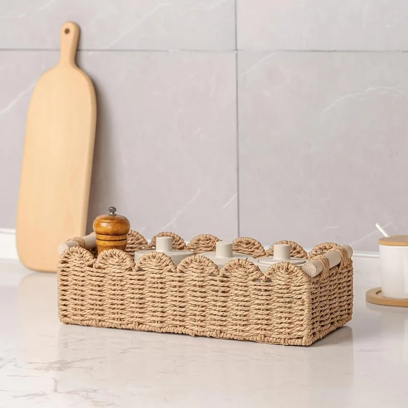 Decorative Scalloped Rope Basket with Wooden Handles — Dulune