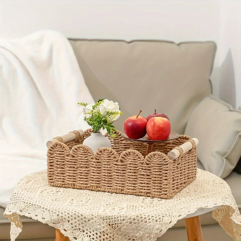 Decorative Scalloped Rope Basket with Wooden Handles — Dulune