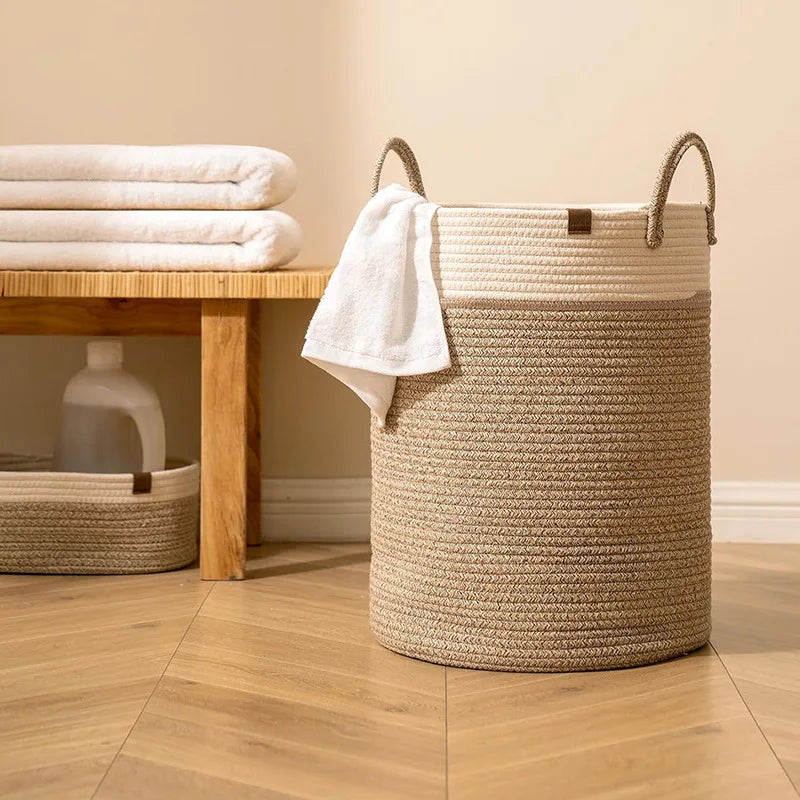 Extra Large Rope Blanket Basket with Faux Leather Handles — Dulune