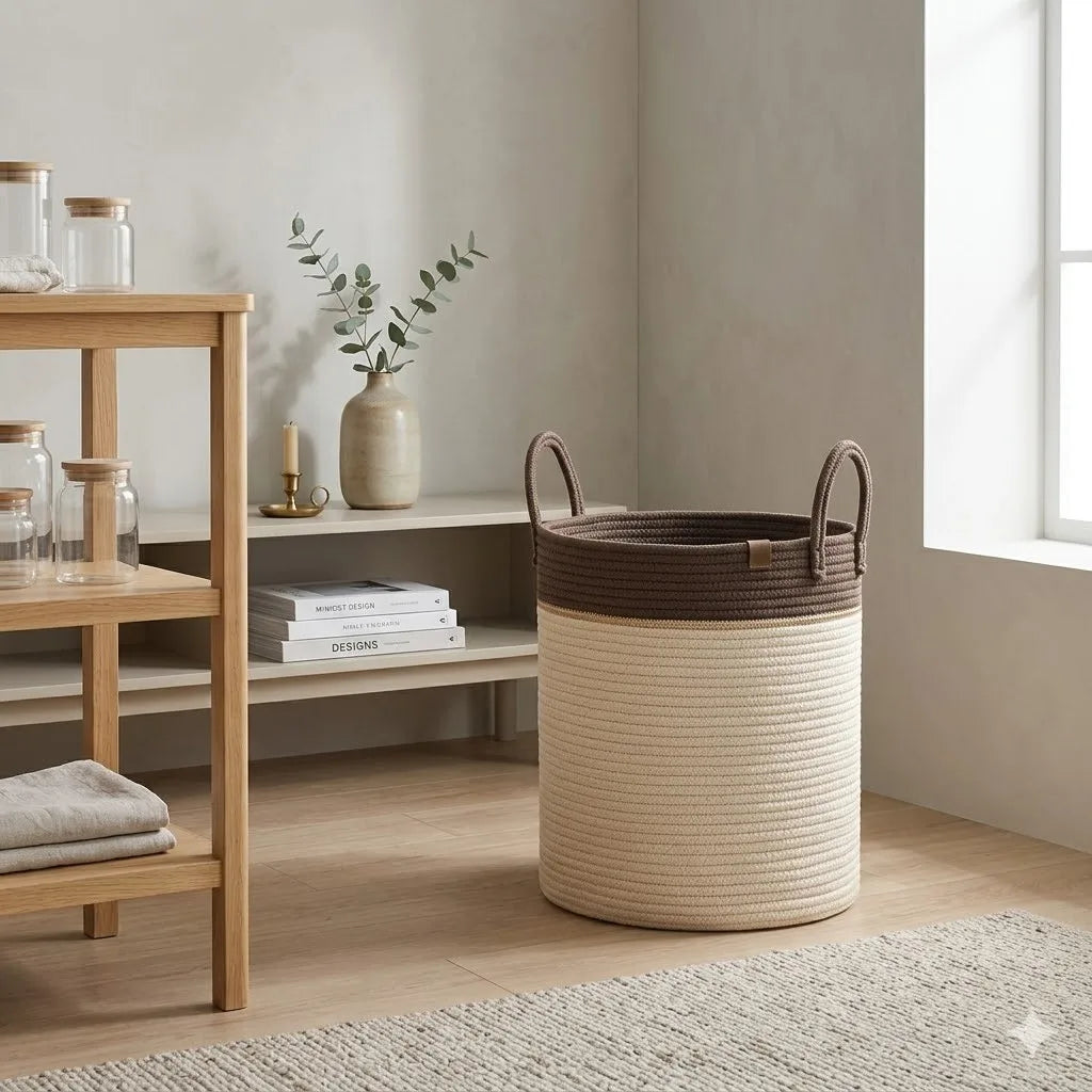 Extra Large Rope Blanket Basket with Faux Leather Handles — Dulune