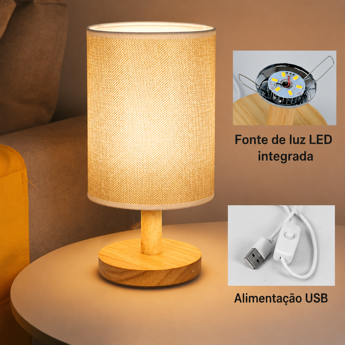 Nordic USB Night Light Lamp with Linen Shade — Dulune