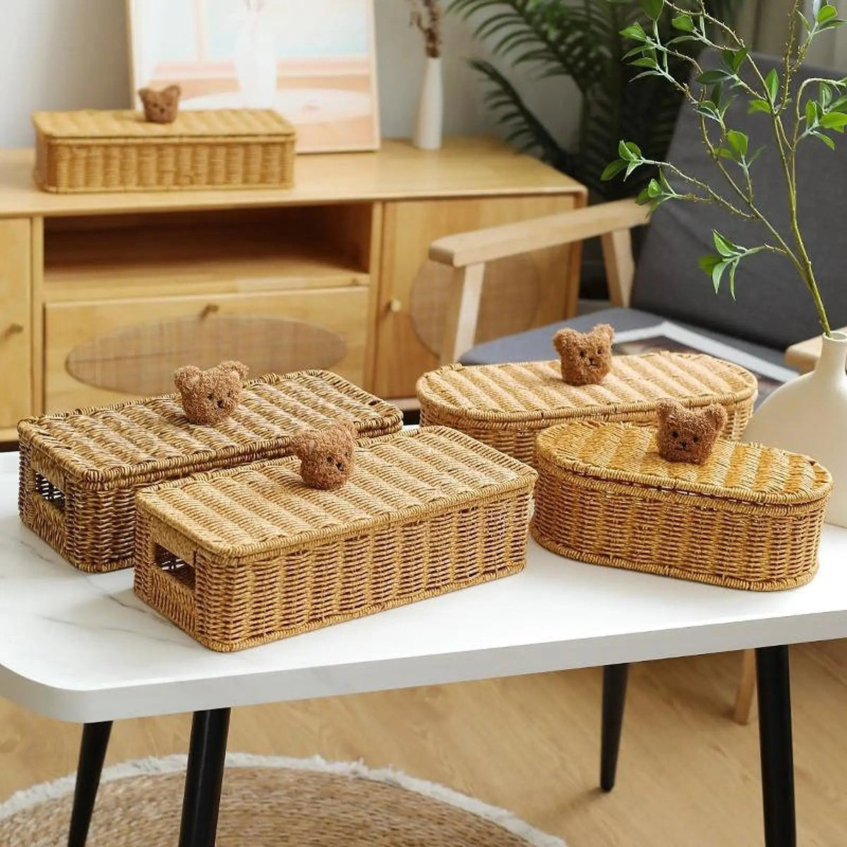 Oval Rattan Storage Box with Teddy Bear Lid — Dulune
