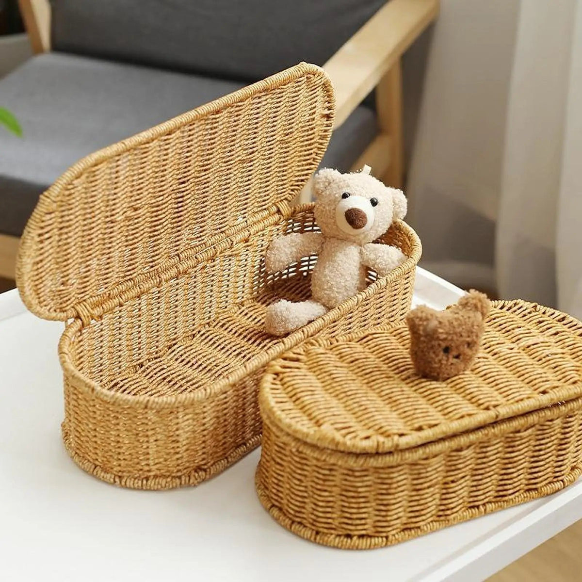 Oval Rattan Storage Box with Teddy Bear Lid — Dulune