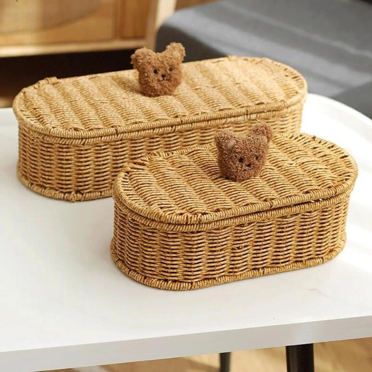Oval Rattan Storage Box with Teddy Bear Lid — Dulune
