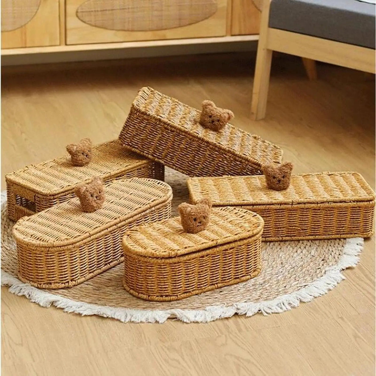 Oval Rattan Storage Box with Teddy Bear Lid — Dulune