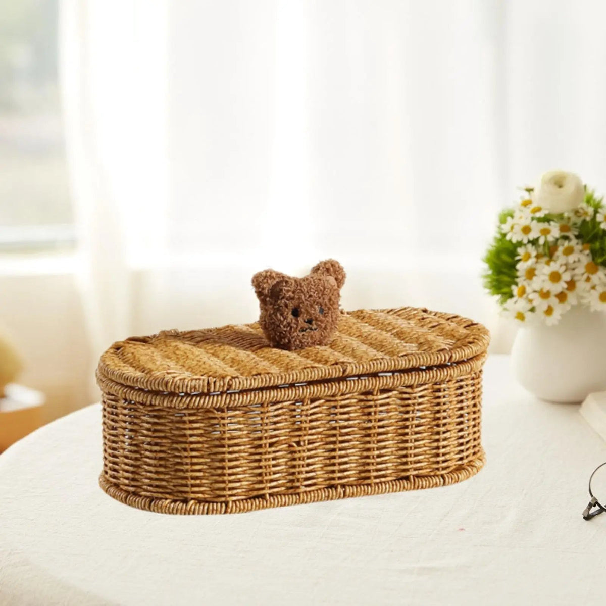Oval Rattan Storage Box with Teddy Bear Lid — Dulune