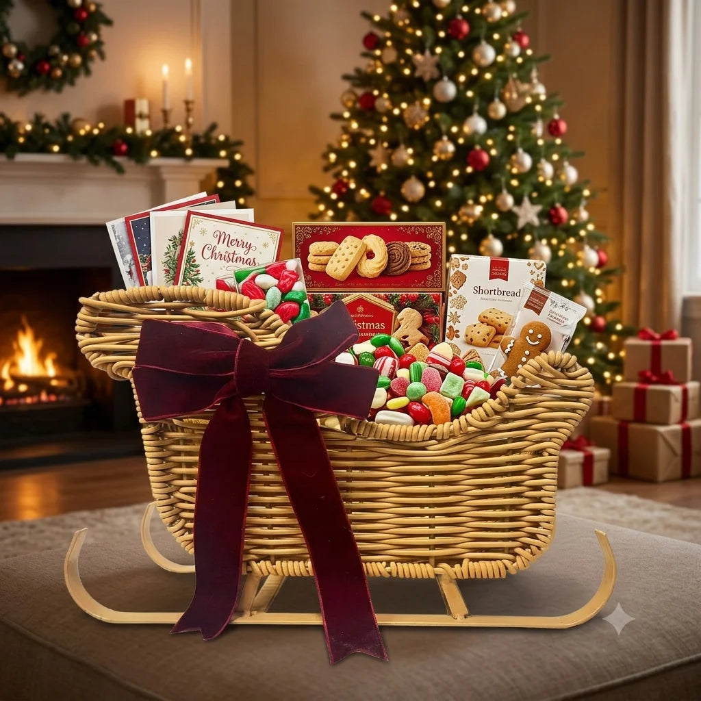 Rattan Christmas Sleigh Basket with Velvet Bow — Dulune