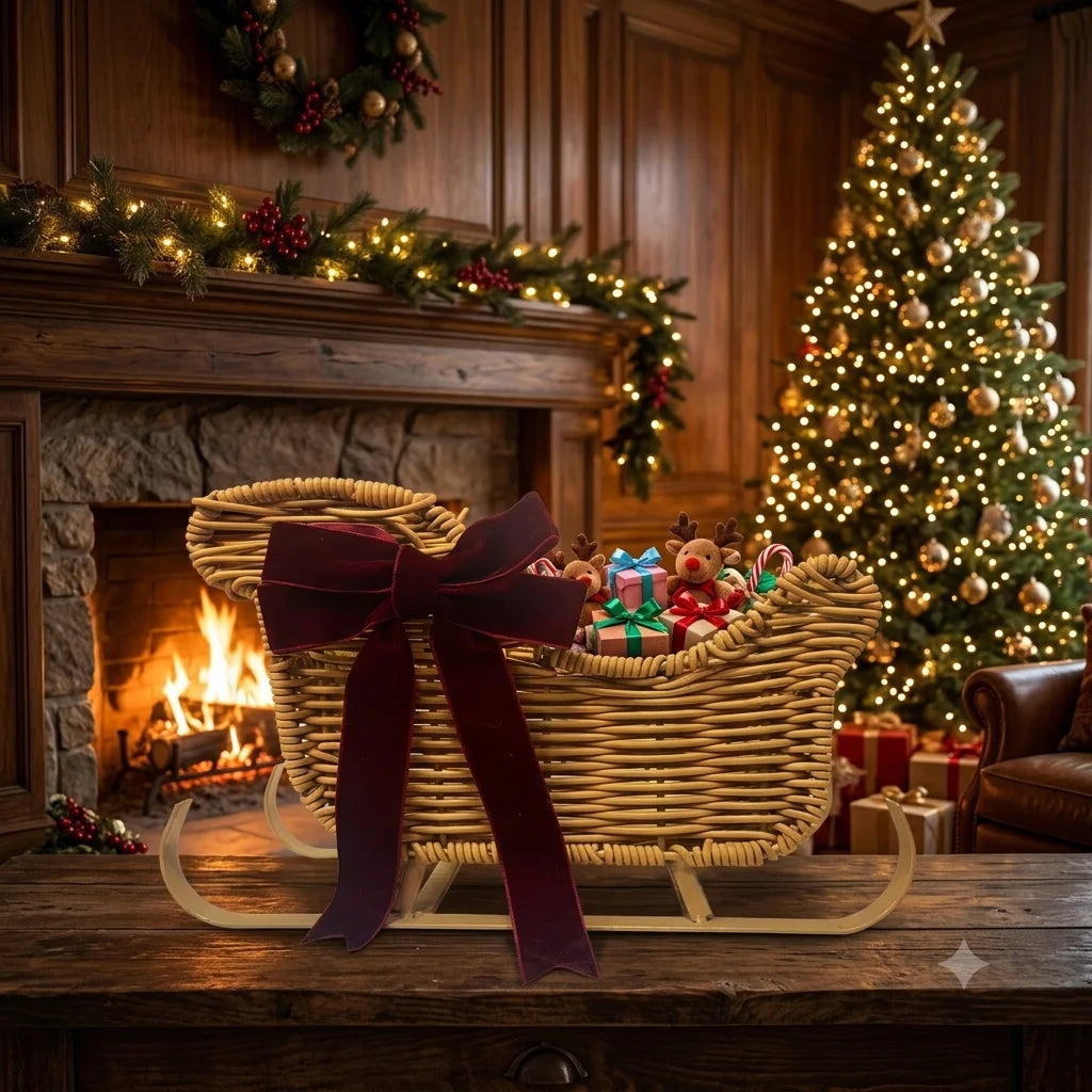 Rattan Christmas Sleigh Basket with Velvet Bow — Dulune