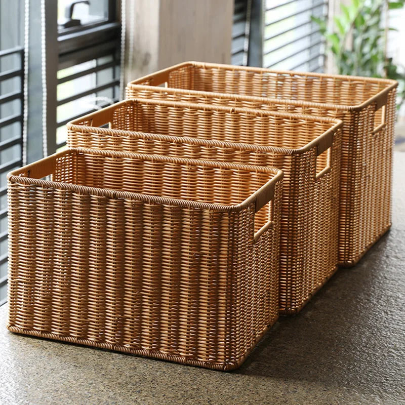 Rectangular Faux Rattan Basket with Cutout Handles — Dulune