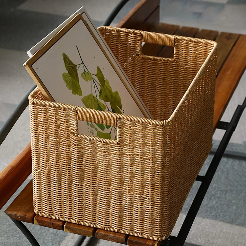 Rectangular Faux Rattan Basket with Cutout Handles — Dulune