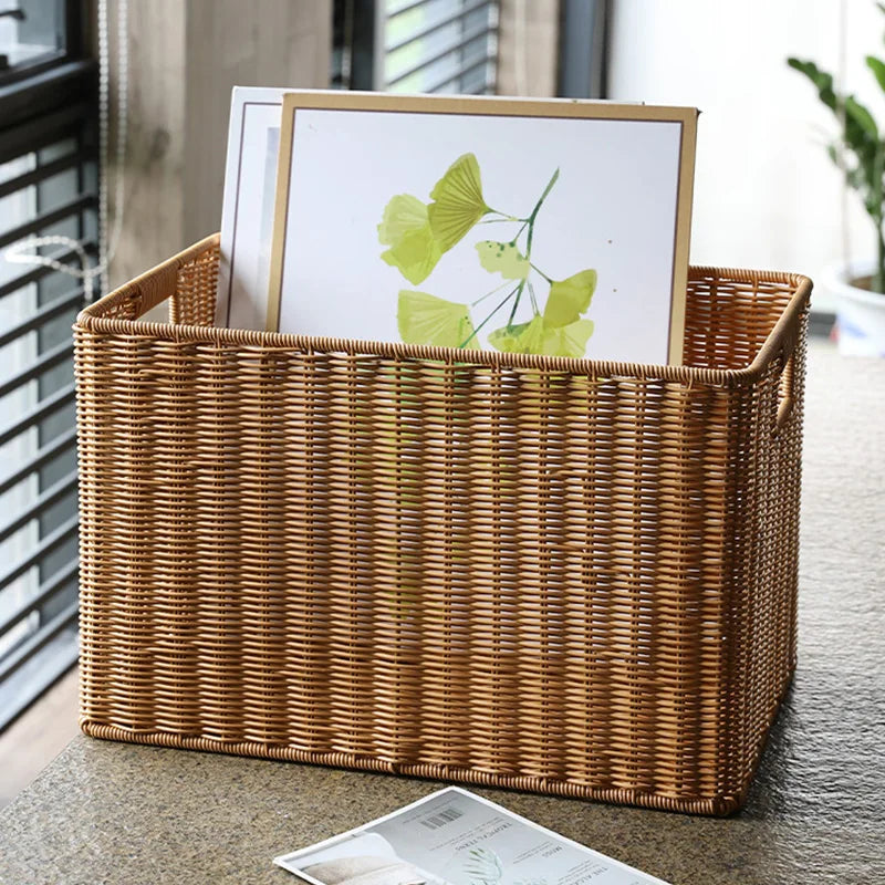 Rectangular Faux Rattan Basket with Cutout Handles — Dulune