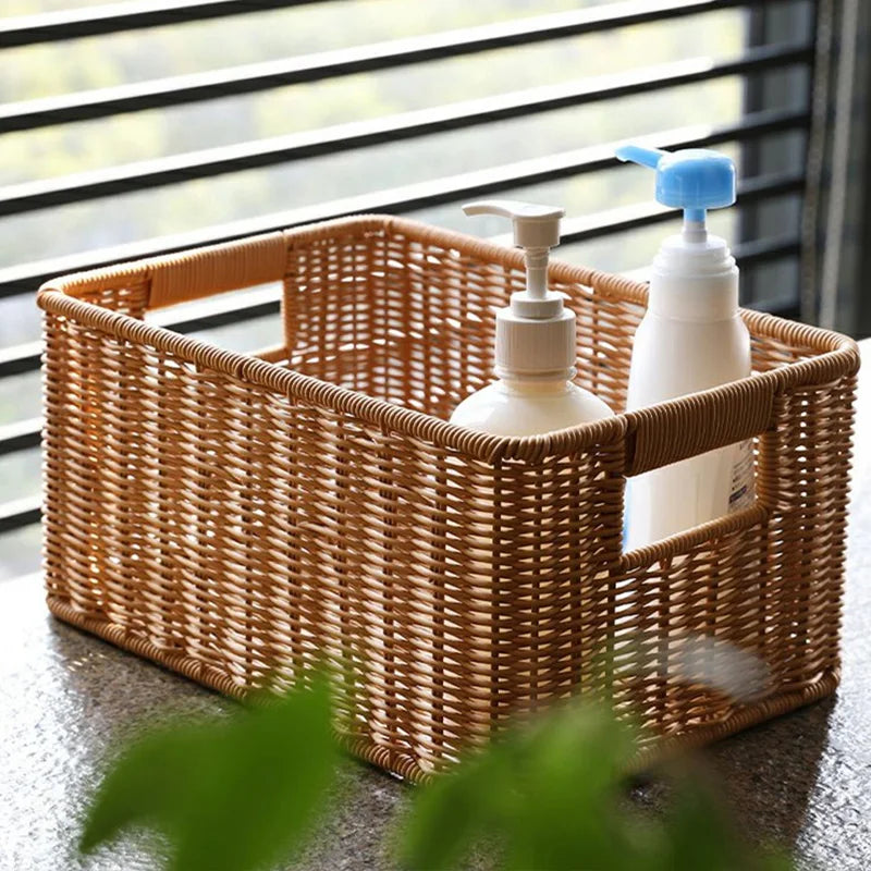 Rectangular Faux Rattan Basket with Cutout Handles — Dulune