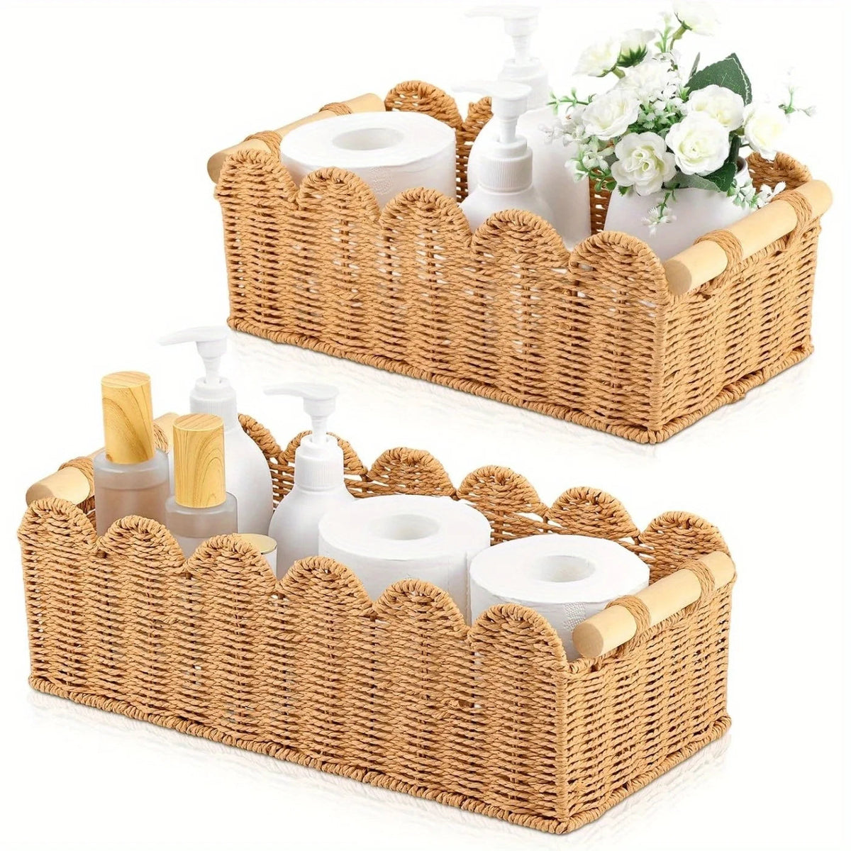 Scalloped Rattan Basket with Wooden Handles — Dulune