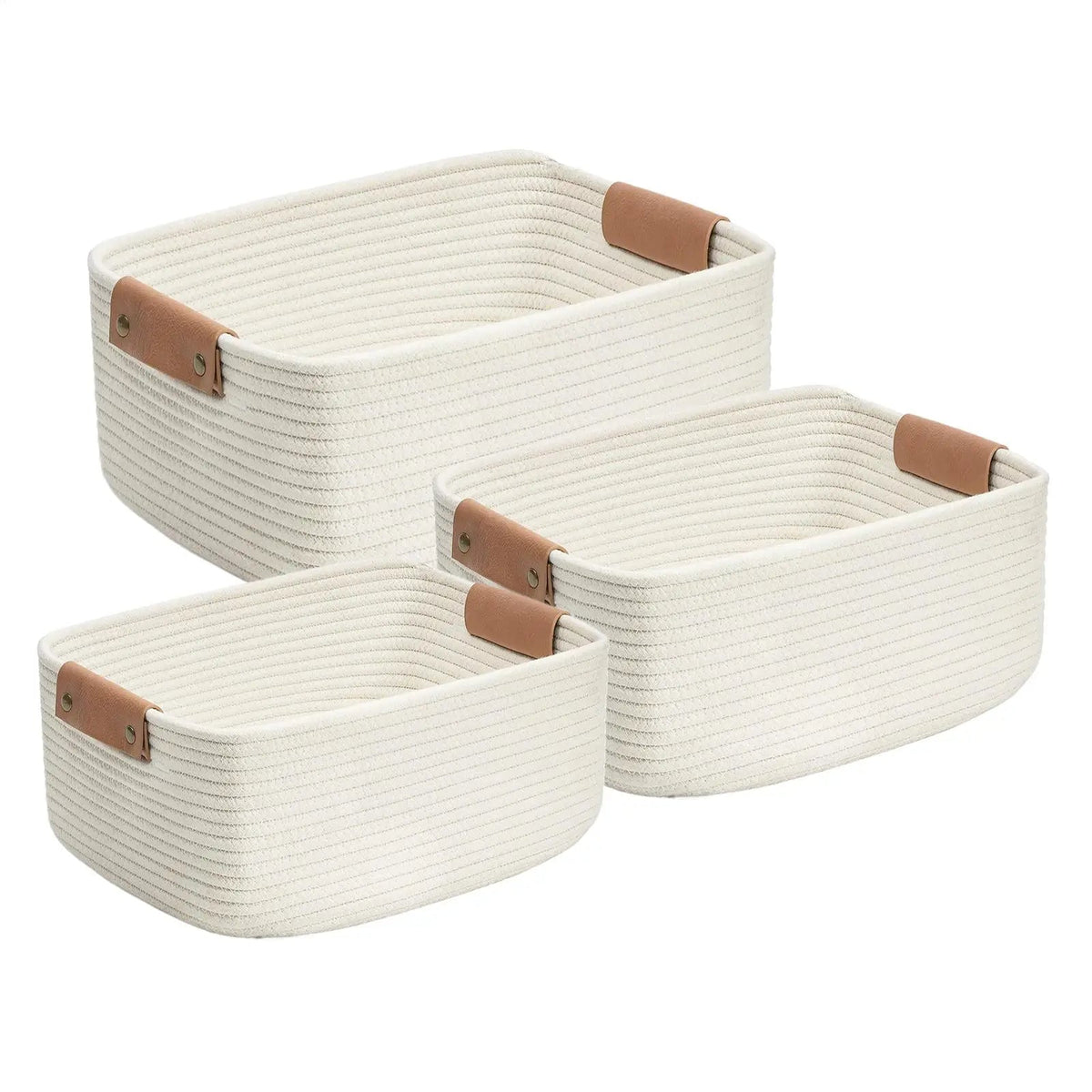White Rectangular Rope Basket with Faux Leather Handles — Dulune
