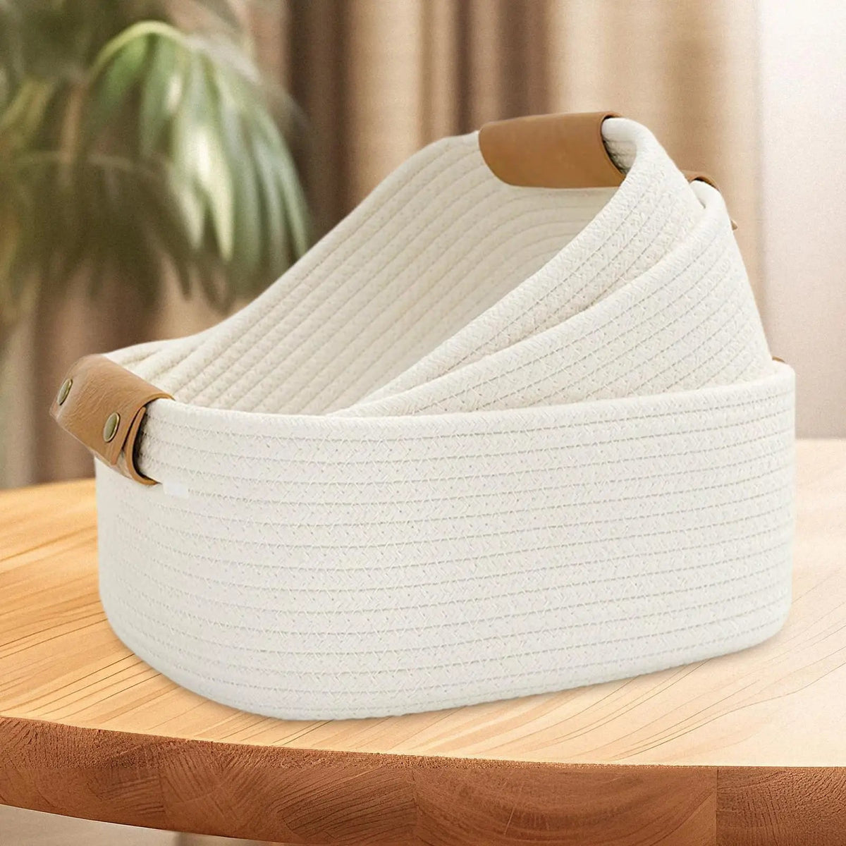 White Rectangular Rope Basket with Faux Leather Handles — Dulune