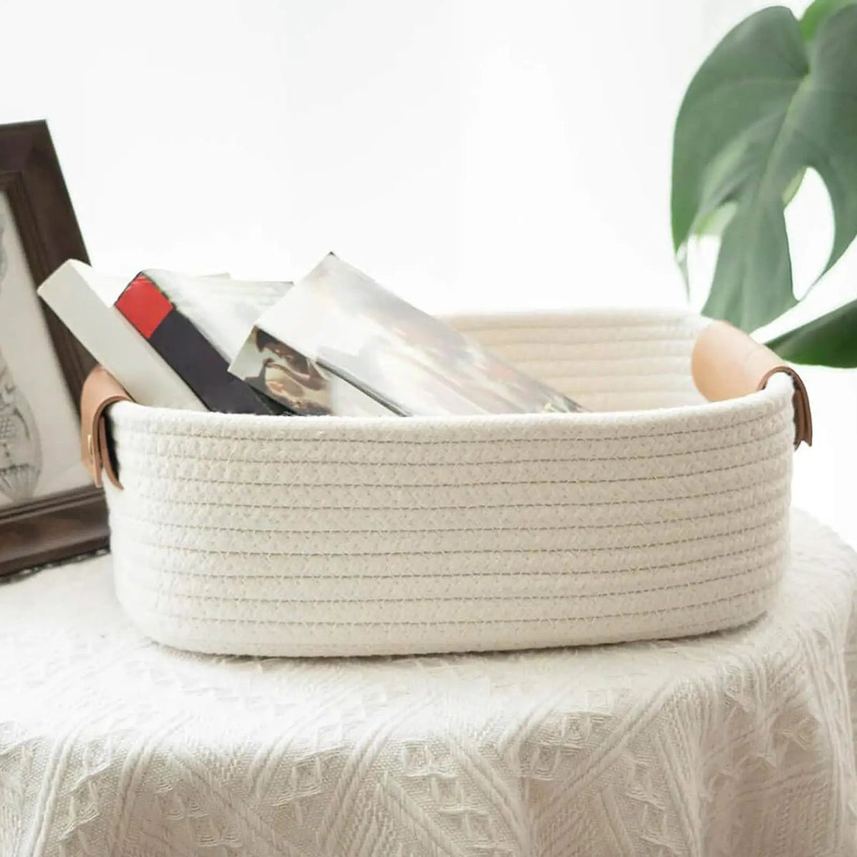 White Rectangular Rope Basket with Faux Leather Handles — Dulune