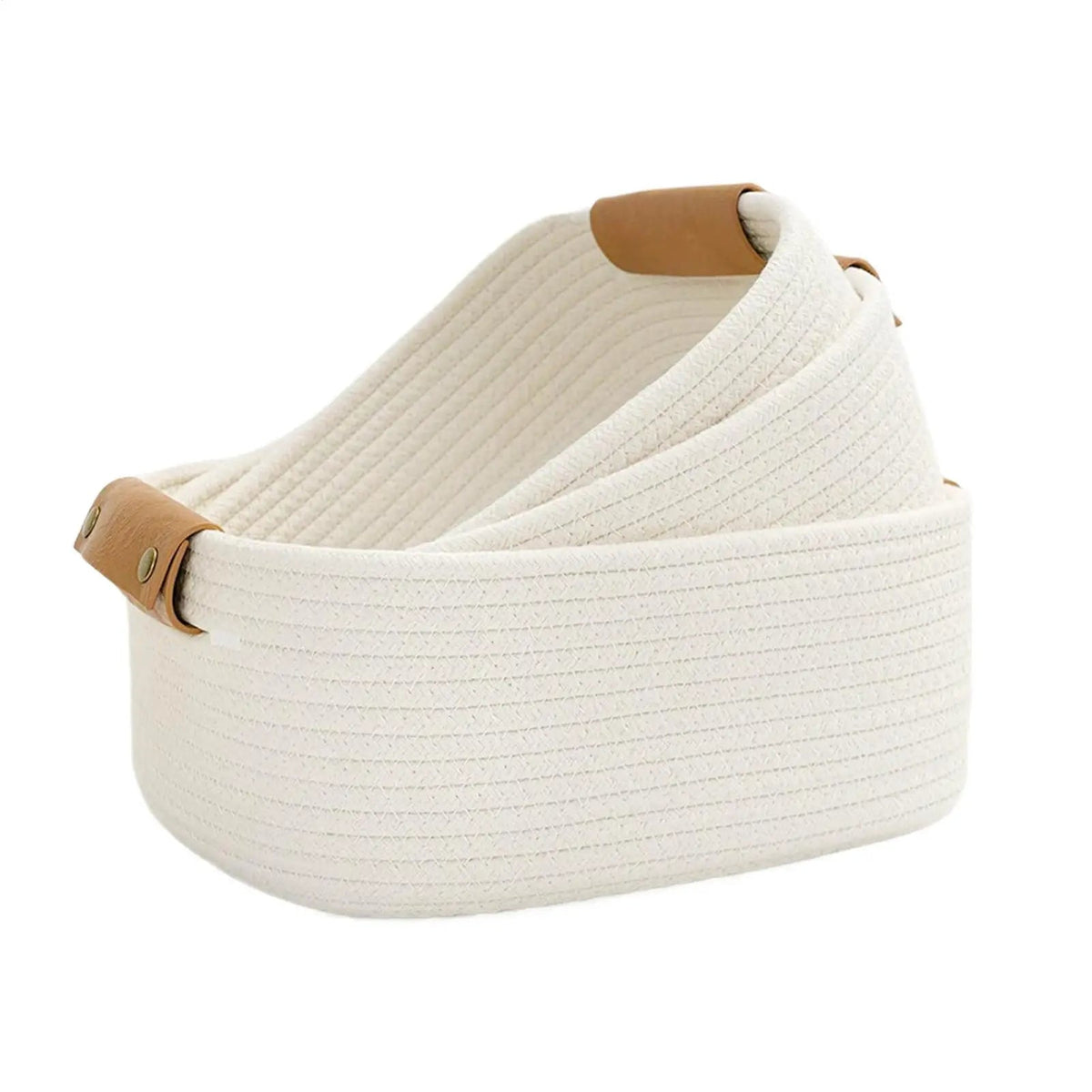 White Rectangular Rope Basket with Faux Leather Handles — Dulune