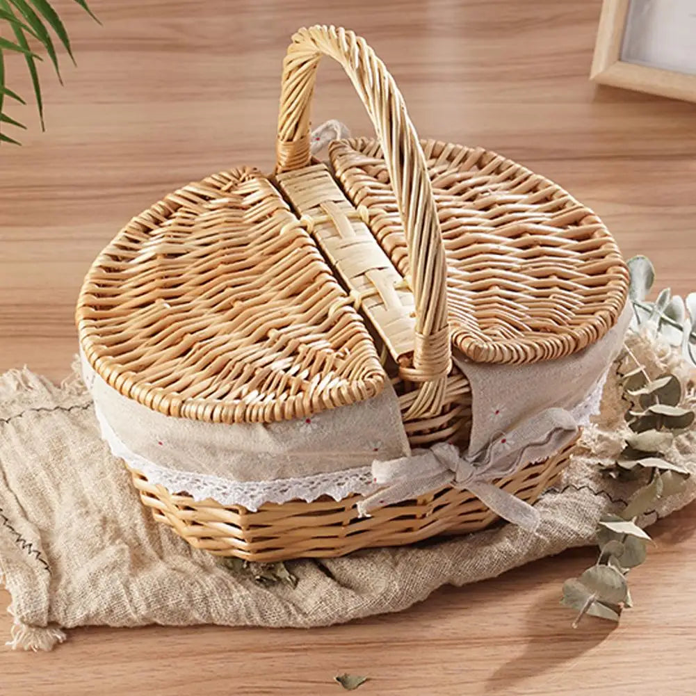 Wicker Picnic Basket with Double Lid and Liner — Dulune
